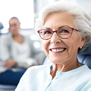 UOlder woman with glasses smiling with dental implants